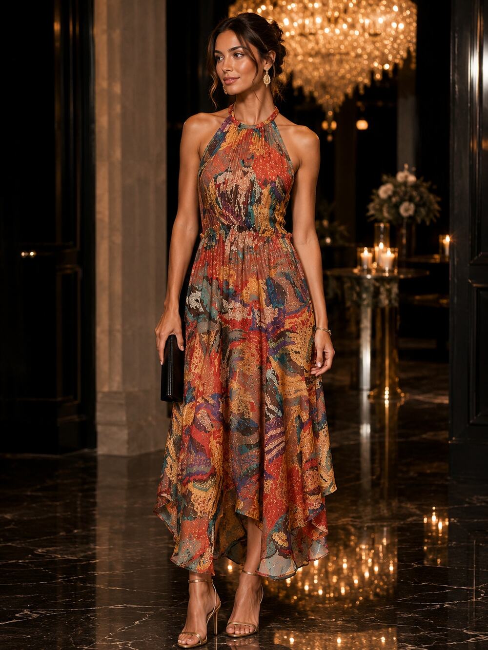 A.L.C. Ellie Silk Lurex Abstract Floral Halter Midi Dress Size 4
